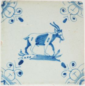 Antique Delft tile with a buck, 17th century
