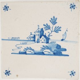 Antique Delft tile with a village, 17th century