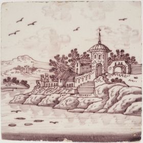 Antique Delft tile with a romantic landscape scene, 18th century