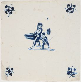 Antique Delft tile with two men fishing, 17th century