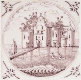 Antique Delft tile with a stronghold, 17th century
