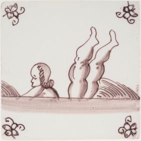Antique Delft tile with a one or two persons swimming, 19th century