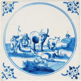Antique Delft tile with a pastoral scene, 17th century