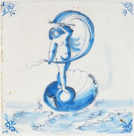 Antique Delft tile depicting the birth of Venus, 17th century
