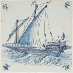Antique Delft tile with a galley, 17th century