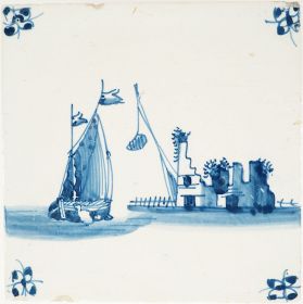 Antique Delft tile with a fire beacon, 18th century