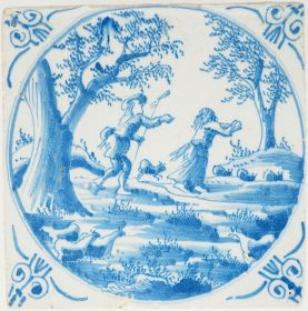 Antique Delft tile depicting Daphne fleeing from Apollo, 18th century