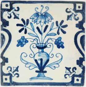 Antique Delft tile with a flowerpot in blue, 17th century