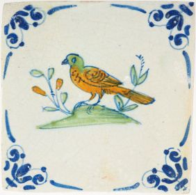 Antique Delft tile with a bird, 17th century