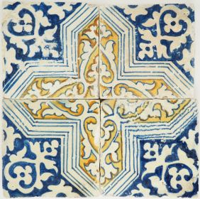Set of four rare 16th-century Delft wall tiles with blue and ochre Renaissance motifs from the Antwerp/Middelburg region