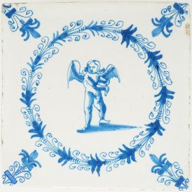 Antique Delft tile c.1660 showing a blue Cupid with flute in aigrette wreath, likely made in Harlingen