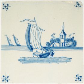 Antique Delft tile with a sailing boat, 18th century