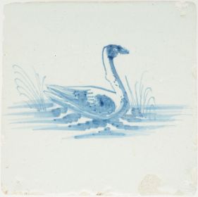 Antique Delft tile with a swan, 17th century