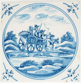 Delft tile ca. 1760 showing a family in a horse-drawn carriage, with stylized ox-head corner motifs and Amsterdam landscape style