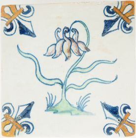 Polychrome Delft tile with stylized columbine flower and fleur-de-lis corners, 17th century (c. 1630)
