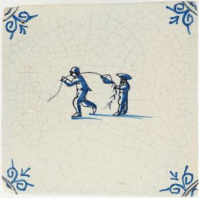 Antique Delft tile with children flying a kite and ox-head corners, 17th century