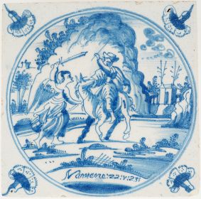 Antique Delft tile with Balaam and angel biblical scene, Amsterdam, 18th century