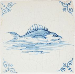 Antique Delft tile with a perch, 17th century