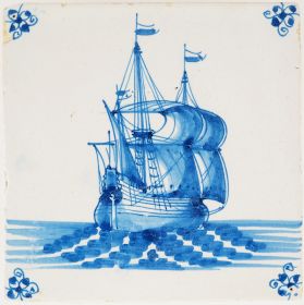 Antique Delft tile with a Fluyt ship, 17th century