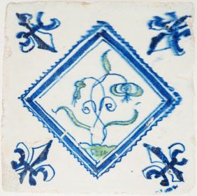 Antique Delft tile with Turk's cap lily in diamond square, 17th century