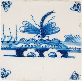 Antique Delft tile with flying dragonfly and sailing ships, 18th century