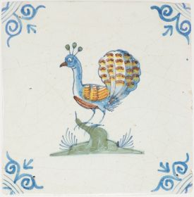 Antique Delft tile with polychrome peacock, 17th century
