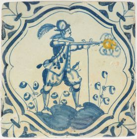 Antique Delft tile with musketeer and yellow smoke, 17th century