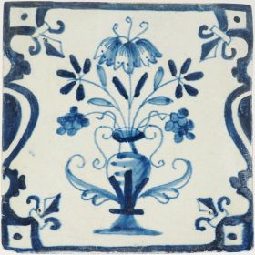 Antique Delft tile with flower vase, 17th century