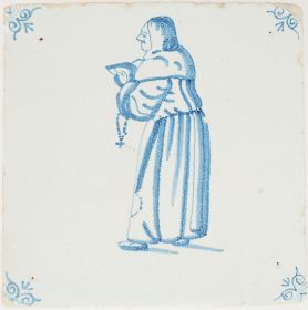Antique Delft tile with priest holding a cross and book, 17th century