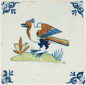Antique Delft tile from c. 1640 with a bird preparing to fly,17th century