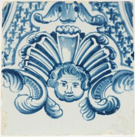 Antique Delft tile with blue Cherub ornament, 18th century

