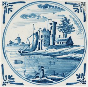 Antique Delft tile with fisherman, village and ship, 18th century
