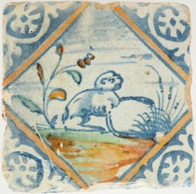 Antique Delft tile with a monkey, 17th century