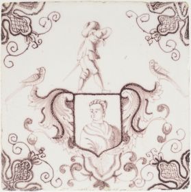 Antique Delft tile with manganese cartouche, 18th century

