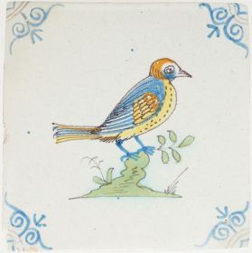 Antique Delft tile with bird on branch, 17th century