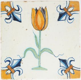 Antique Delft tile with polychrome tulip, 17th century