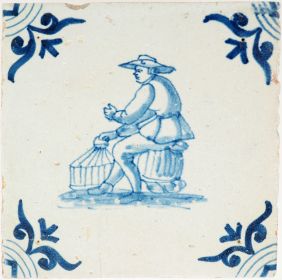 Antique Delft tile with blue market vendor scene, 17th century