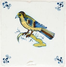 Antique Delft tile  with bird on branch, 17th century