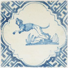 Antique Delft tile with blue leaping dog, 17th century
