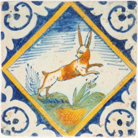 Antique Delft  tile with a springing hare, 17th century