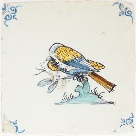 Antique Delft tile with polychrome sleeping bird on a branch, 17th century