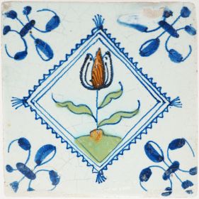 Antique Delft tile with polychrome tulip, 17th century