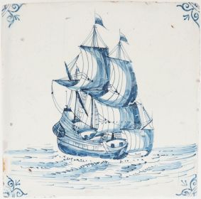 Antique Delft tile with blue Fluyt ship under full sail, 17th century