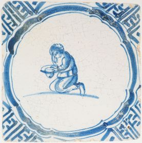 Antique Delft tile with blue beggar scene, 17th century