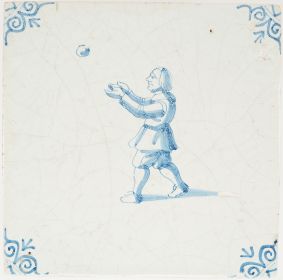 Antique Delft tile in blue with a boy playing with a ball, 17th century