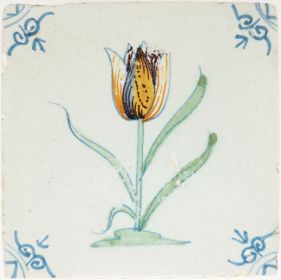 Antique Delft tile with a single tulip, 17th century