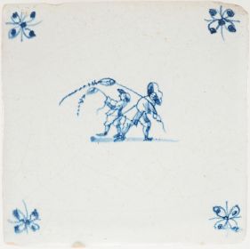 Antique Delft tile with two children flying a kite, 17th century
