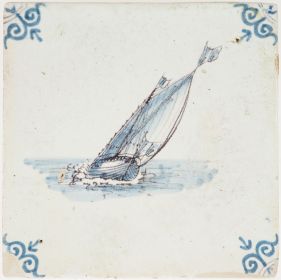 Antique Delft tile depicting a cargo boat with full sails, 17th century
