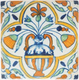 Antique Delft tile with polychrome flower vase, 17th century
