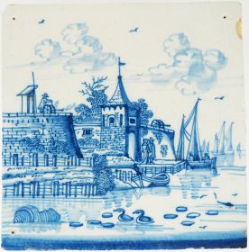 Antique Delft tile with city wall, cannons, two figures conversing, and a sailing boat, 18th century